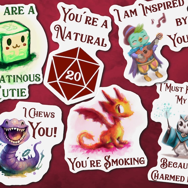 TTRPG Valentines Sticker Sheet | 6 DnD Valentines Stickers, Funny Valentines Stickers, DnD Gifts, Dungeons, Monsters, and Dragon Stickers