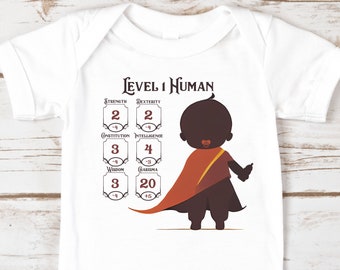 Level 1 Human Baby Onesie | Character Creation Stats, Dungeons and Dragons, DnD Baby, Geeky Baby Announcement, Baby Shower Gift, Unisex