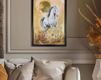 White Horse Art 16x23 in, Horse Lover Gift, Handmade Horse Art, Horse Painting, Animal Lover Art, Golden sun, Wild freedom, White beauty