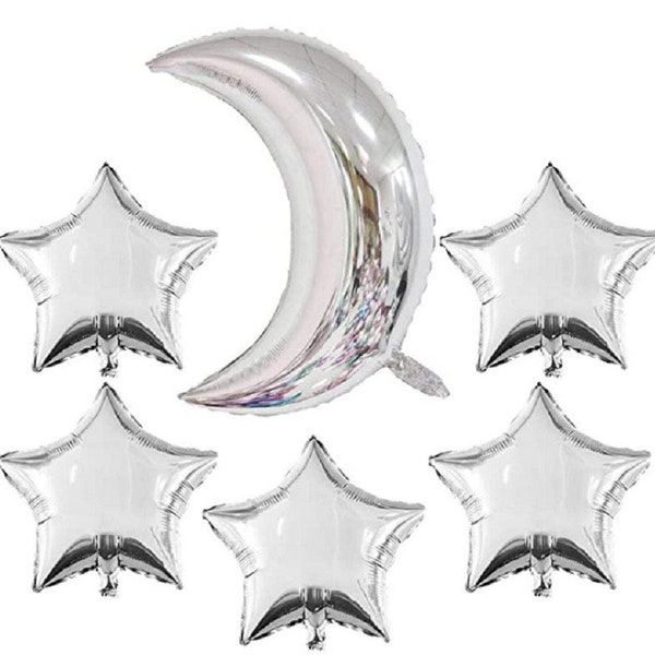 Silver Moon and Stars Balloon Set, Birthday Party Decor, Outer Space Balloons, Engagement, Bachelorette Parties, Graduations, 30 inches