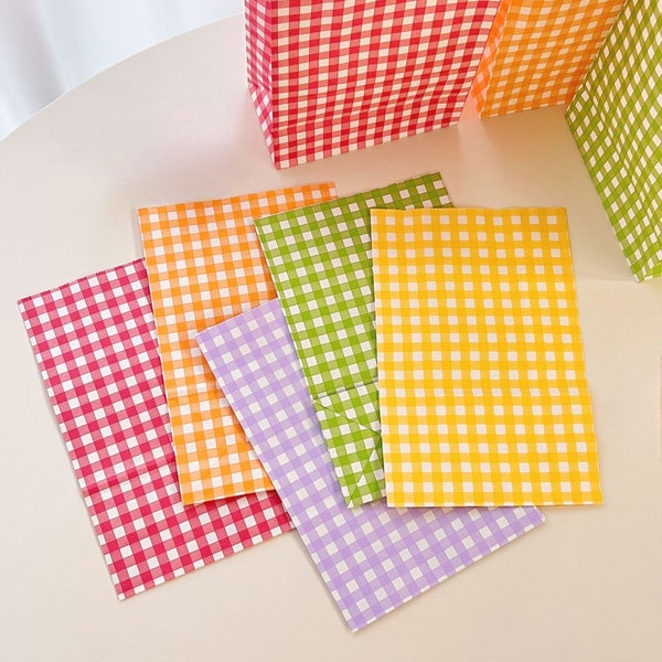 Gingham Party Favor Bag, 10pc, Goodie Bag, Gift Paper Bag, Candy Treat Bag, Checkered Pattern, Yellow, Orange, Green, Red, Purple Colors