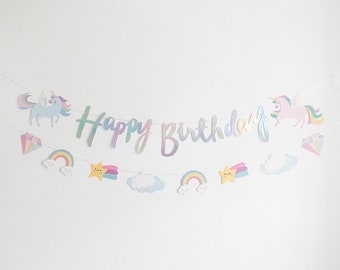 Unicorn Iridescent Silver Birthday Garland, Happy Birthday Banner, Pastel Rainbow Birthday Party Decor, B-day Kids Girls Party