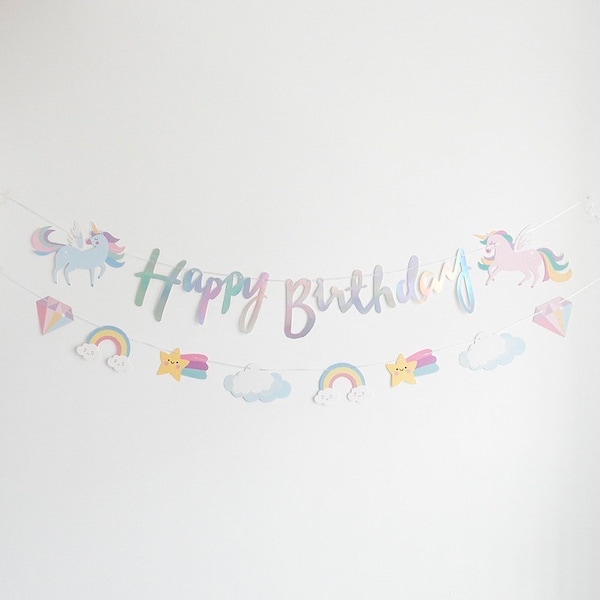 Unicorn Iridescent Silver Birthday Garland, Happy Birthday Banner, Pastel Rainbow Birthday Party Decor, B-day Kids Girls Party