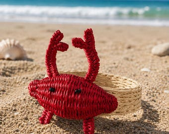 Set of 6 Toquilla Straw Crab Napkin Rings | Coastal Beach House Table Decor