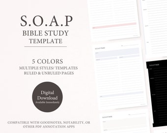 Digital S.O.A.P. Bible Study Template | SOAP Method | Bible Study Notes | 5 Colors + Dark/Black | Ruled (Lined) and Unruled pages
