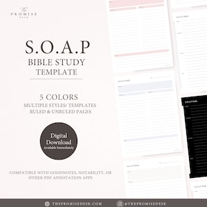 May include: A digital download of a printable S.O.A.P. Bible study template. The template is available in five colors and includes multiple styles and templates with ruled and unruled pages. The template is compatible with Goodnotes, Notability, and other PDF annotation apps.