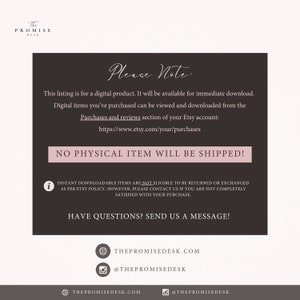 以下が含まれることがあります： 手書きのフォントで「Please Note:」というテキストが書かれた白黒の画像。下のテキストでは、このリストがデジタル製品用であり、すぐにダウンロードできることが説明されています。テキストには、Etsy の購入ページへのリンクも含まれています。「NO PHYSICAL ITEM WILL BE SHIPPED!」というテキストは、より大きなフォントとピンクのボックスで表示されています。下のテキストでは、インスタントダウンロード可能なアイテムは返品や交換の対象外であることが説明されています。テキストには、販売者の連絡先情報も含まれています。「HAVE QUESTIONS? SEND US A MESSAGE!」というテキストは、より大きなフォントで表示されています。下のテキストには、販売者のウェブサイトとソーシャルメディアのハンドルが含まれています。
