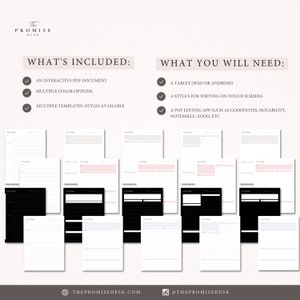 以下が含まれることがあります： 複数のテンプレートとカラーオプションを備えたデジタルプランナー。プランナーは、スタイラス付きタブレットで使用するために設計されています。画像は、日次、週次、月次のレイアウトを含む、さまざまなプランナーページを示しています。