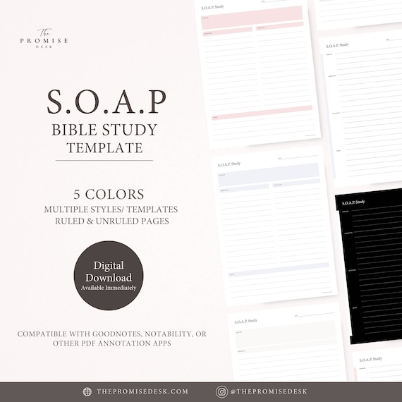 Digital S.O.A.P. Bible Study Template | SOAP Method | Bible Study Notes | 5 Colors + Dark/Black | Ruled (Lined) and Unruled pages