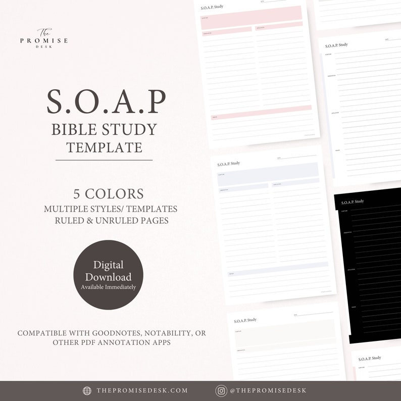 以下が含まれることがあります： 印刷可能なS.O.A.P.聖書研究テンプレートのデジタルダウンロード。テンプレートは5色展開で、罫線入りと罫線なしのページを含む複数のスタイルとテンプレートが含まれています。テンプレートはGoodnotes、Notability、その他のPDF注釈アプリと互換性があります。