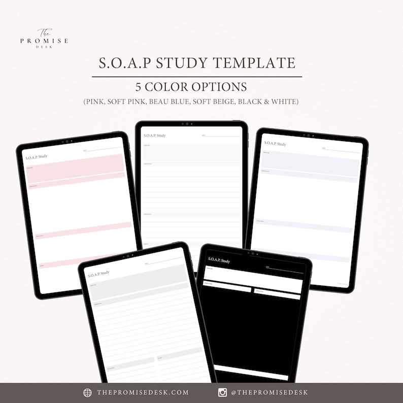 以下が含まれることがあります： "S.O.A.P Study Template"の5つの異なるカラーオプションを表示するデジタルタブレットの画面5つ。色はピンク、薄いピンク、ブルー、ベージュ、ブラックです。