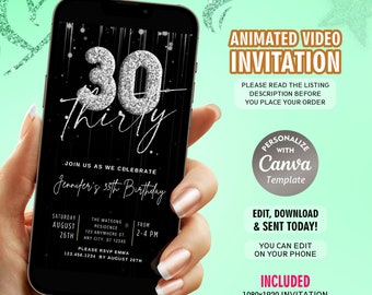 Electronic 30th Birthday Party Invitation, 30th Mobile Evite, Silver Glitter Dripping, Black and Silver Digital Invitation, Instant Download