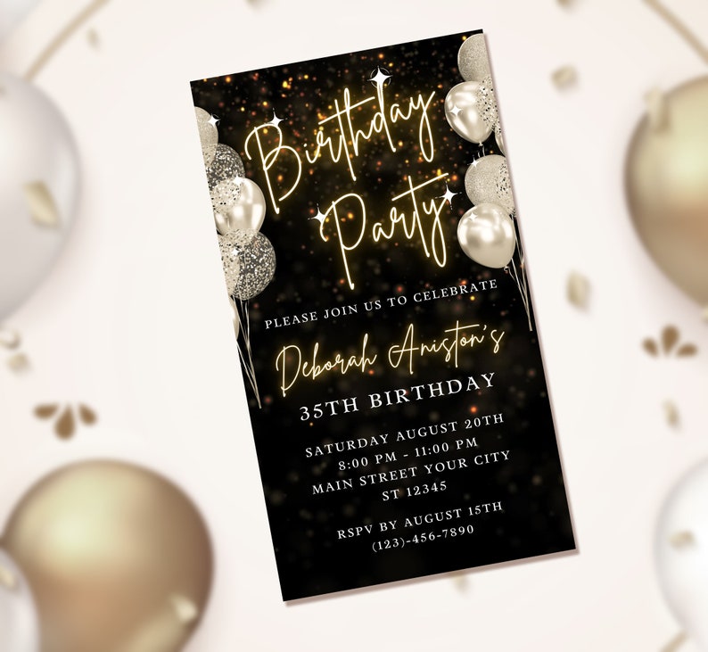 Digital Birthday Party Invitation Black, Birthday Party Invite Gold