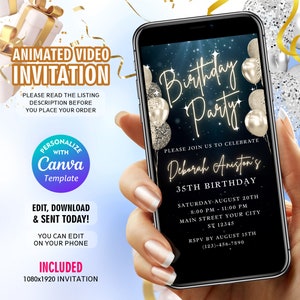 Digital Birthday Invitation Template, Electronic Birthday Invite Black, Editable Phone Invite, Champagne Color Balloons, Instant Download