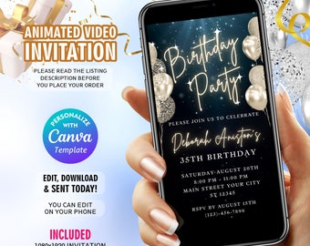 Animated Birthday Party Invitation, Black & Champagne, Editable Phone Invite (Digital Download)