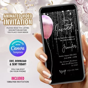 Electronic Birthday Party Invitation, Birthday Dinner Video Evite, Silver Glitter Dripping, Ping Balloon, Instant Editable Invite, Any Age