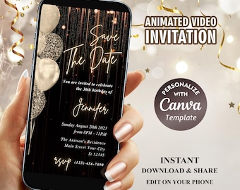 Gold Glitter Birthday Save The Date Video Invitation (Digital Download)