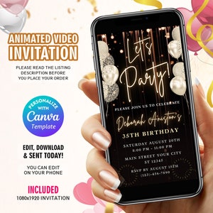 Digital Birthday Invitation Template, Electronic Birthday Invitation Black, Silver Balloons, Digital Download, Text Message Invite, Editable