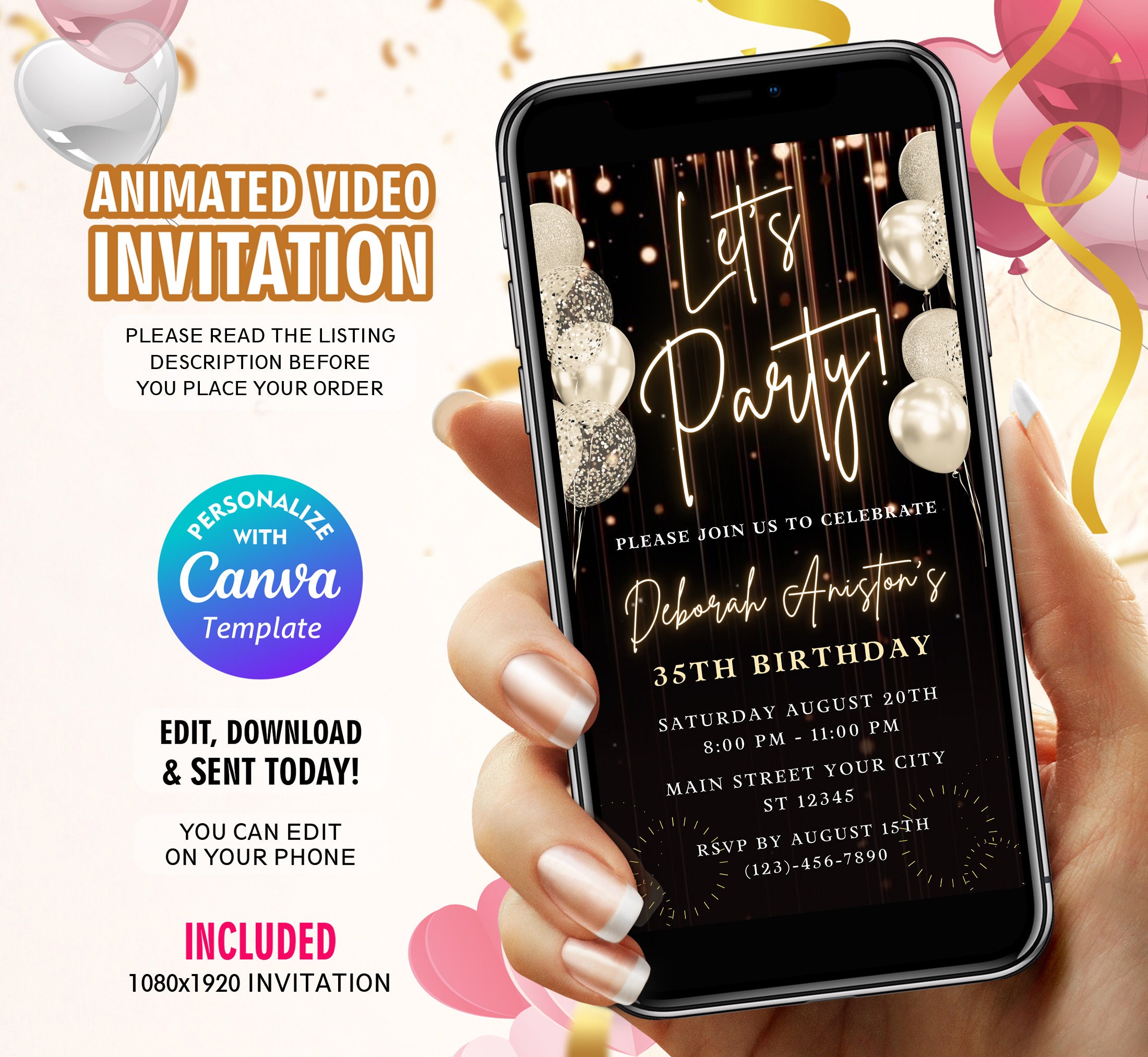 Animated Birthday Video Invitation • Black Silver Balloons • Canva ...