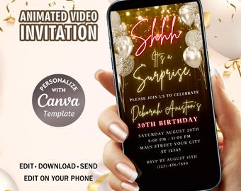 Surprise Birthday Video Invitation, Black Gold Glitter, Editable Phone Evite (Digital Download)