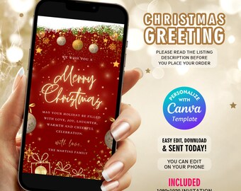 Electronic Merry Christmas Card, Digital Christmas Greeting Card, Phone Holiday Ecard, Editable Template, Text Message, Instant Download