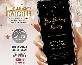 Può includere: Un invito di compleanno digitale su sfondo nero con stelle dorate e testo. L'invito dice "Birthday Party" e include il nome "Deborah Aniston" e il testo "25th Birthday".