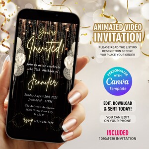 Electronic Birthday Party Invitation, Birthday Dinner Phone Evite, Gold Glitter Dripping, Silver Balloons, Instant Editable Invite, Any Age