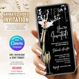 Animated Champagne Birthday Invitation – Editable Canva Video Template – Digital Party Invite for Any Age – Instant Download