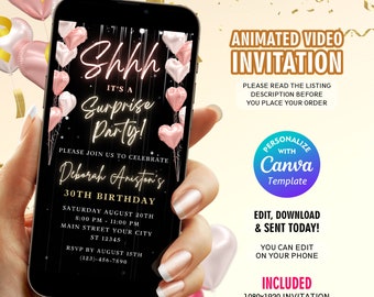 Surprise Birthday Party Video Invitation, Animated Balloons (Digital Editable Template)
