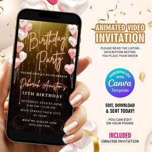 Digital Birthday Party Invitation, Pink White Heart Balloons, Birthday Party Invite, Editable Template, Phone Evite, Instant Download