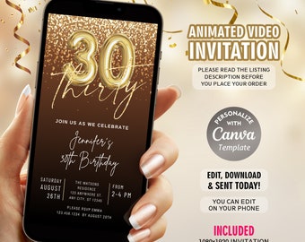 Electronic 30th Birthday Invitation, 30th Text Invitation, Digital Birthday Dinner Invite, Gold Glitter Mobile Invitation, Instant Download