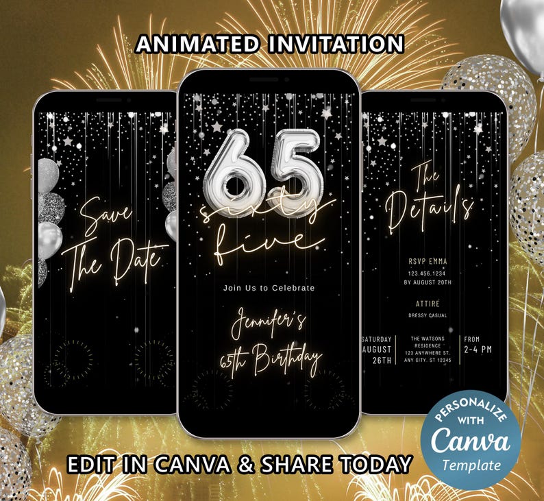 65th Birthday Animated Video Invitation, Elegant Black Design (digital ...