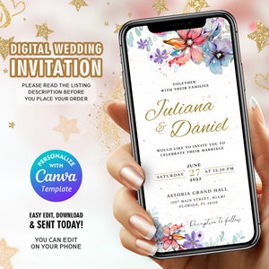 Digitale huwelijksuitnodiging aquarel, bruiloft ecard, elektronische huwelijksuitnodiging, rustieke gemengde bloemen, gouden tekst, bewerkbare sjabloon