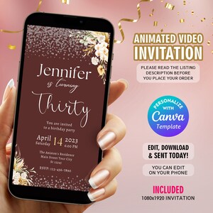 Digital Birthday Dinner Invitation, Birthday Party Invitation, Mobile Phone Evite Black, Rustic Flowers, Instant Download Template, Any Age