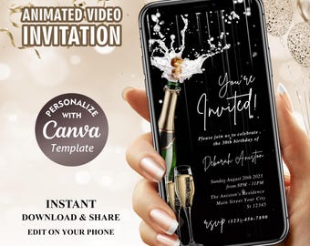 May include: A smartphone displays a digital invitation with a champagne theme. The black screen features the text "You're Invited!" and event details. The invitation is customizable with a Canva template, and available for instant download and sharing.