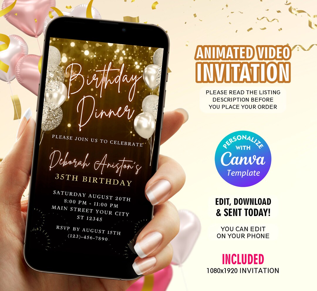 Black & Gold Birthday Invitation – Editable Digital Canva Template ...