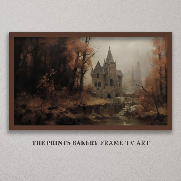 FRAME TV Art Halloween Haunted Castle, Vintage Witchy Forest Castle Tv Art, Rustic Muted Neutral Samsung Tv Art, Fall Digital Download TV151