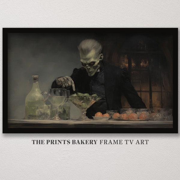 Vintage Halloween Frame TV Art, Spooky Frankenstein Bartender Panting, Trick or Treat, Scary Zombie Art Instant Download, Horror Decor TV127