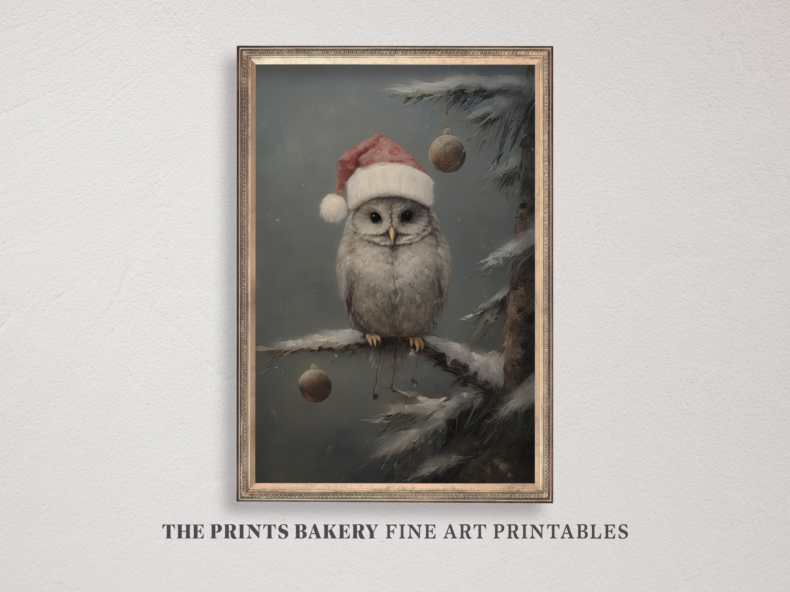 PRINTABLE Christmas Owl in Santa Hat Print, Cute Festive Holiday Wall Art, Vintage Rustic Winter Prints, Xmas Holiday Digital Download P216