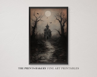 PRINTABLE Halloween Vintage Print, Haunted House Wall Art, Dark Academia Print, Spooky House Printable Art, Digital Download Art Print, P163