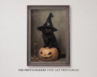 PRINTABLE Halloween Wall Art, Cute Black Cat Halloween Witchy Print, Vintage Neutral Halloween Wall Prints, Wiccan, Digital Download P167