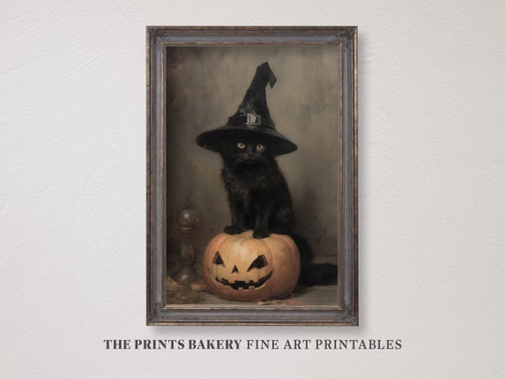 PRINTABLE Halloween Wall Art, Cute Black Cat Halloween Witchy Print, Vintage Neutral Halloween Wall Prints, Wiccan, Digital Download P167