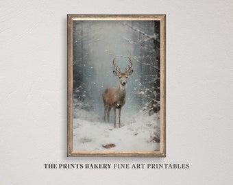 PRINTABLE Christmas Reindeer Vintage Print, Snowy Woods Farmhouse Xmas Prints, Neutral Rustic Holiday Wall Art, Digital Art Downloads, P194
