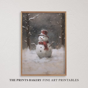 PRINTABLE Christmas Snowman Vintage Print, Winter Snowy Forest Farmhouse Xmas Prints, Neutral Holiday Wall Art, Digital Art Download, P196