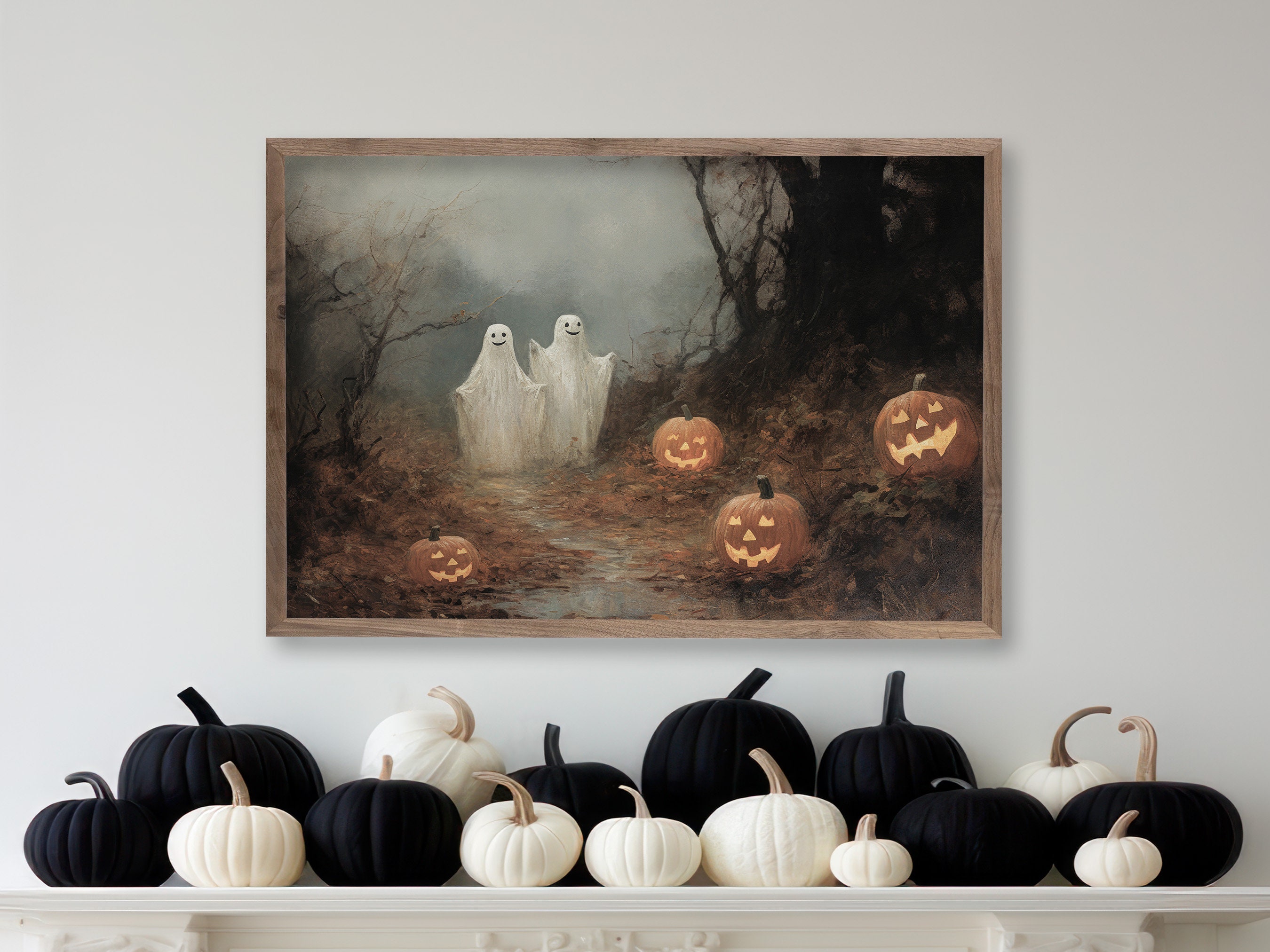 PRINTABLE Halloween Ghost Print, Cute Ghosts in Haunted Forest Wall Art ...