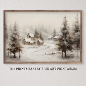 PRINTABLE Winter Country Farmhouse Print, Vintage Snowy Haven Pine Trees Wall Art, Neutral Rustic Christmas Landscape Digital Downloads P204