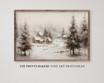 PRINTABLE Winter Country Farmhouse Print, Vintage Snowy Haven Pine Trees Wall Art, Neutral Rustic Christmas Landscape Digital Downloads P204