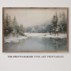 Impression imprimable au bord du lac de forêt enneigée d'hiver, art mural rustique ferme vintage, impression d'art campagnard de Noël neutre téléchargements numériques P231