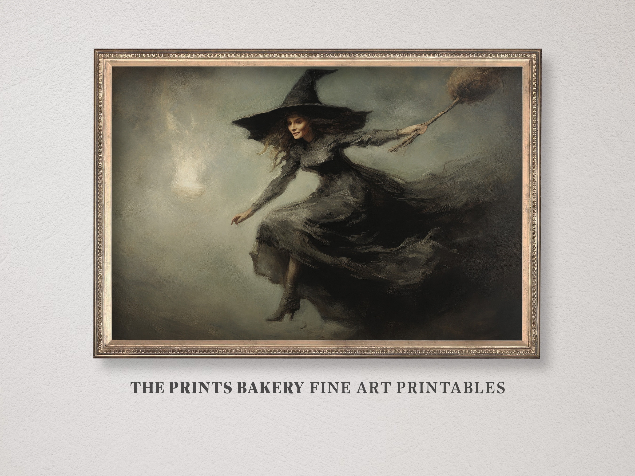 PRINTABLE Halloween Witchy Artwork, Vintage Witch and Broomstick Print, Wiccan Wall Art, Muted Neutral Digital Download, Witches Prints P181