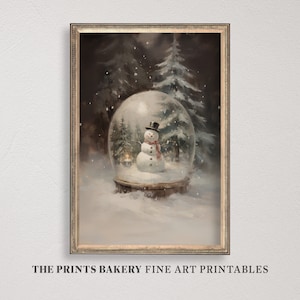 IMPRIMIBLE Navidad lindo muñeco de nieve en globo de nieve impresión, arte de pared de invierno de granja rústica, bosque de Navidad neutral vintage, descarga digital P229